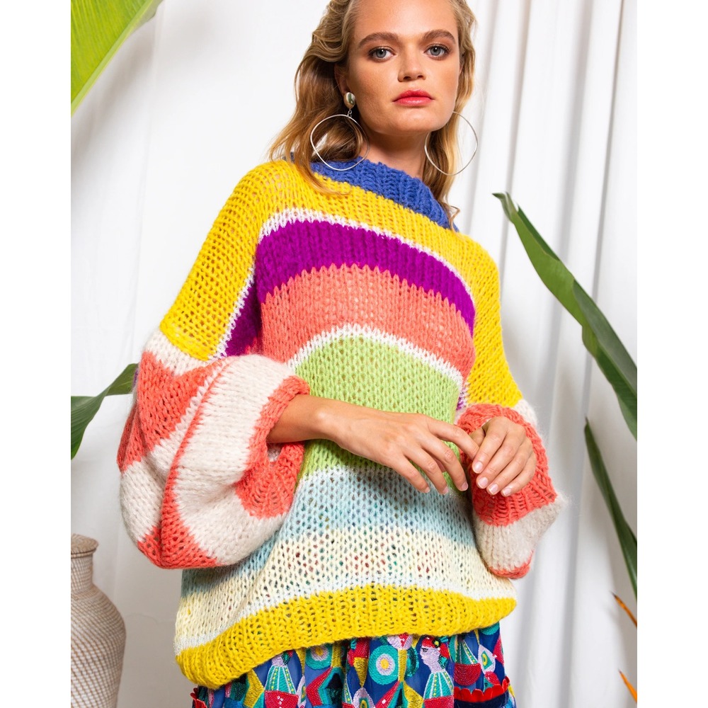 Celia B Rainbow Striped Mohair Wool Blend Chunky Knit Metallic Sweater XS Bright
